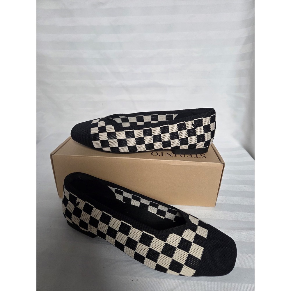 Vivaia Margot 2.0 Checkerboard Square Toe Knit Flats Black Cream US 7 EU 37.5 W - Picture 4 of 16